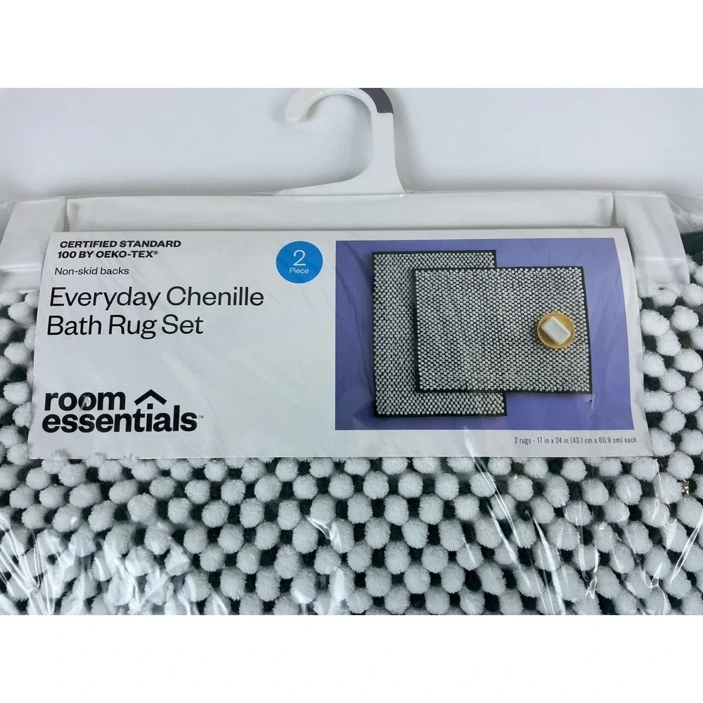 Room Essentials Everyday Chenille Bath Rug Set‎ 2 Piece Green White New